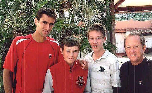 Marin Cilic (left), coach Bob Brett (right) and Callum and Ben Hunter at the Italian tennis academy. Marin Cilic (left), coach Bob Brett (right) and Callum and Ben Hunter at the Italian tennis academy.